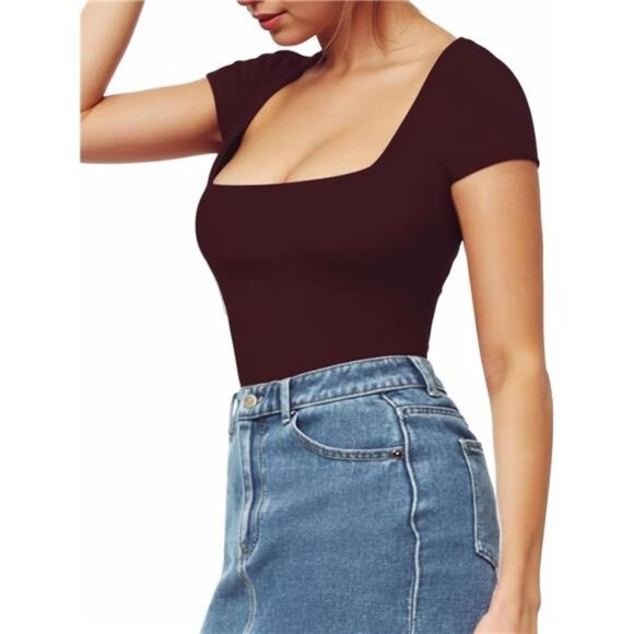 Women's Bodysuit Short Sleeve Shirt Tops Burgundy - Picture 2 of 5